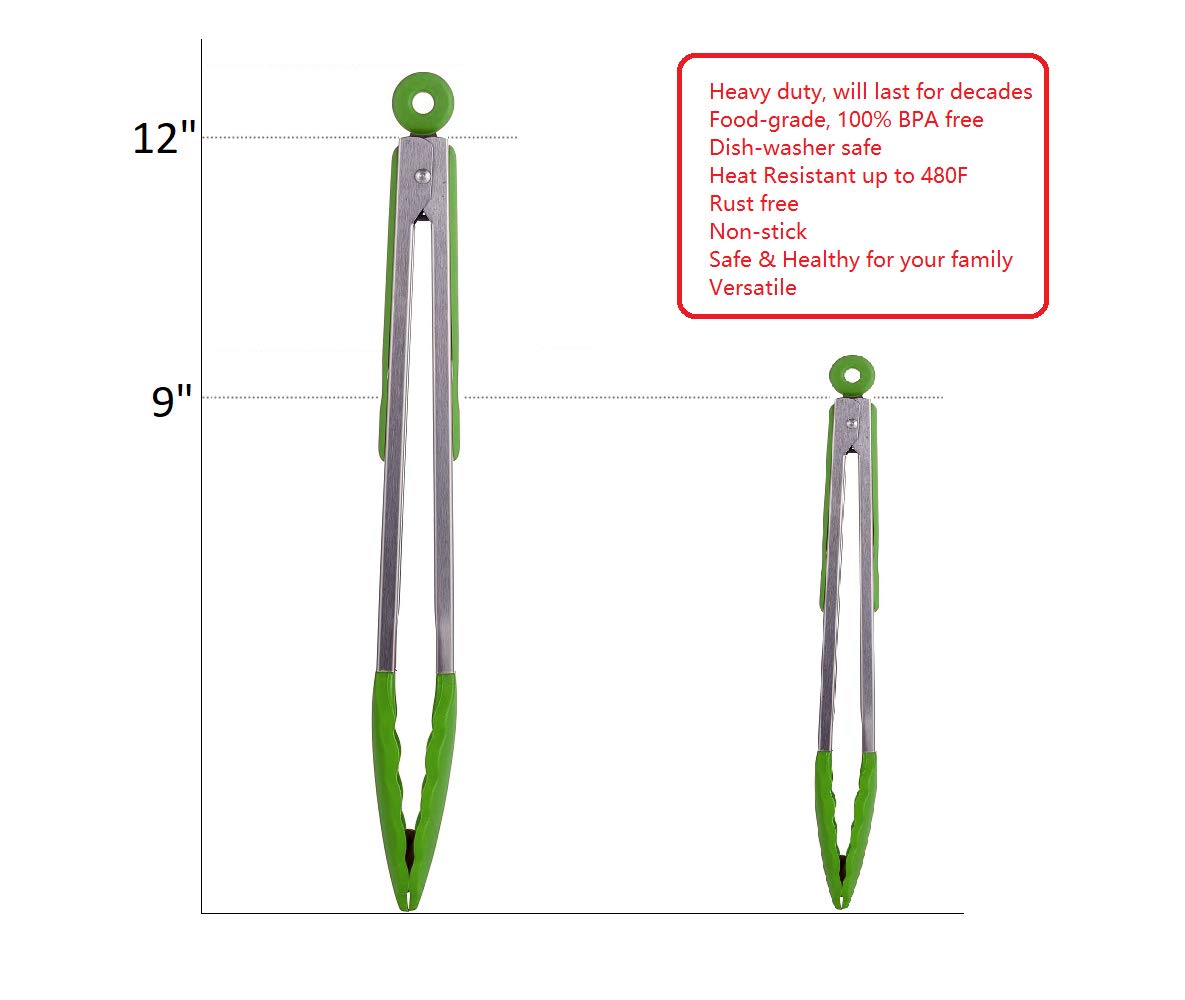 Hiramware Kitchen Tongs Set Of 2 - 9 Inch & 12 Inch - Stainless Steel Food Tongs With Silicone Tips - Premium Locking Non-Stick