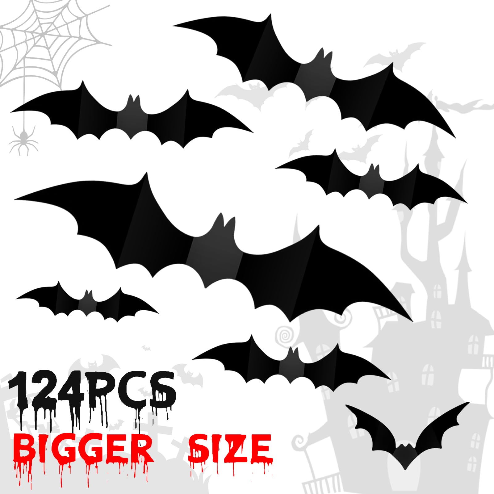 Big Size Bat Wall Decor Stickers, 124Pcs Indoor Large Bats Halloween Decorations, Diy 3D Gothic Bats Decor, Pvc Bat Stickers For