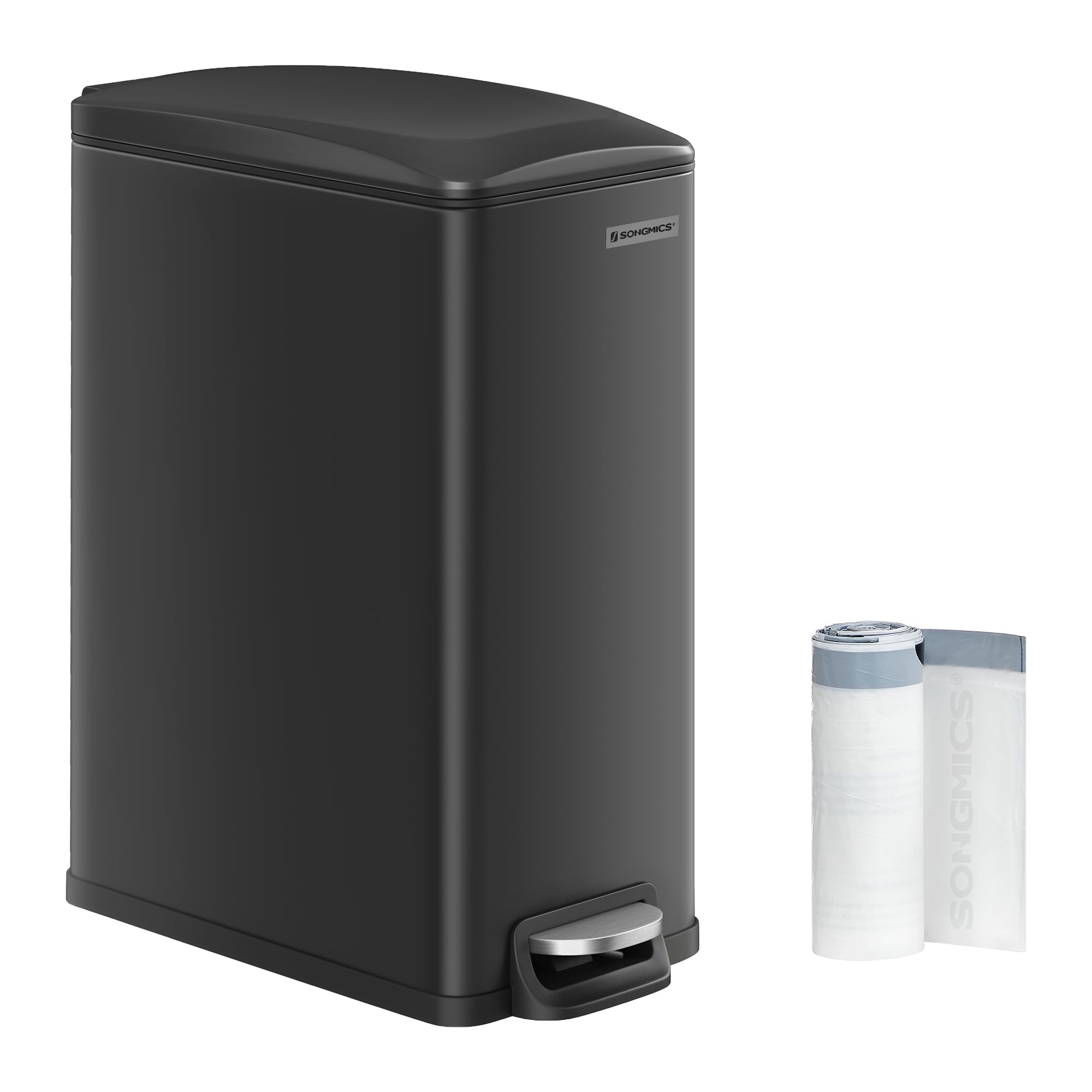 SONGMICS Slim Trash Can, 13-Gallon (50 L) Garbage Can for Narrow Spaces with Soft-Close Lid, Inner Bucket, and Step-on Pedal, St