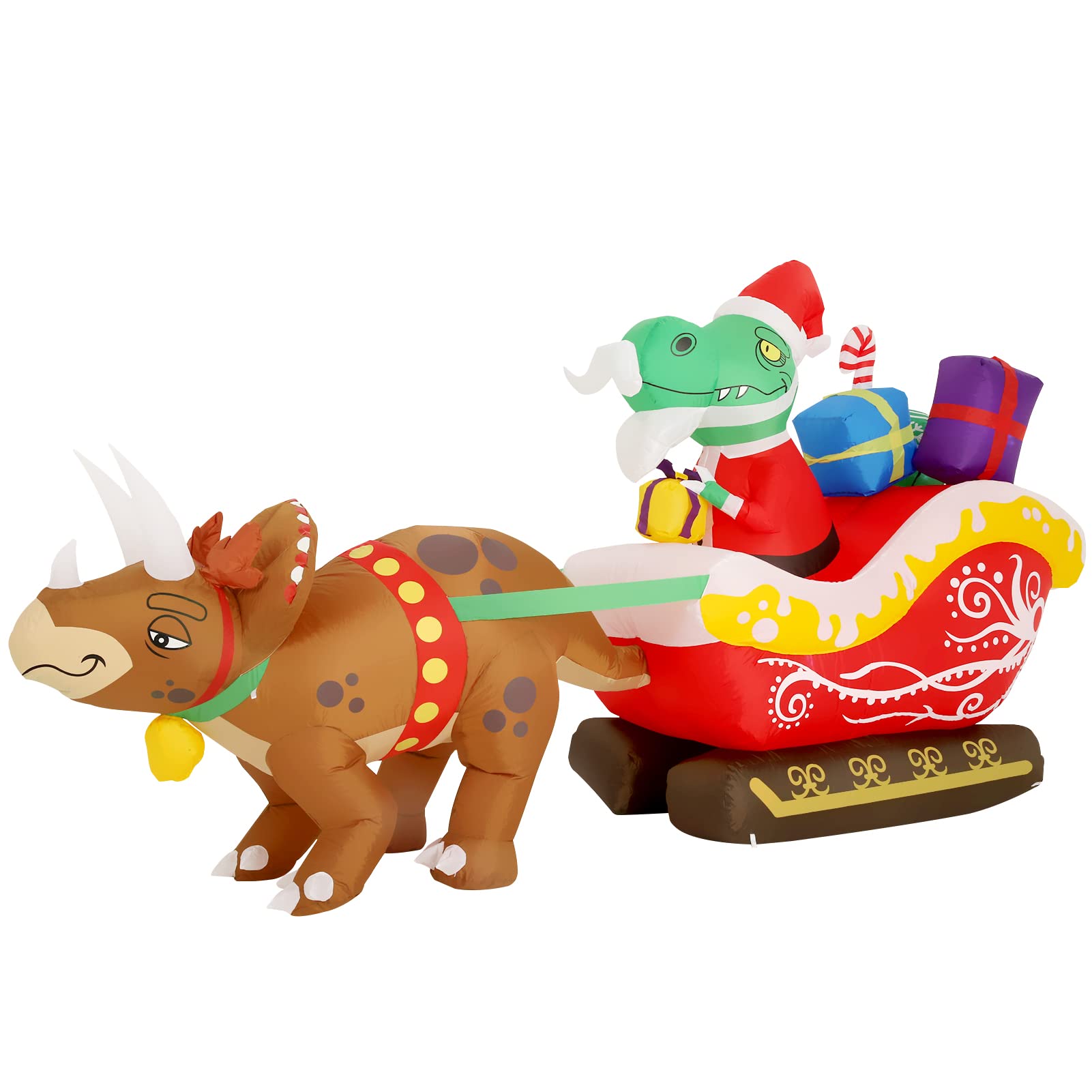 WBHome 10 Ft Long Christmas Inflatable Dinosaur on Sleigh with Triceratops Outdoor Decorations, Xmas Blow Up Yard Decor with Bui