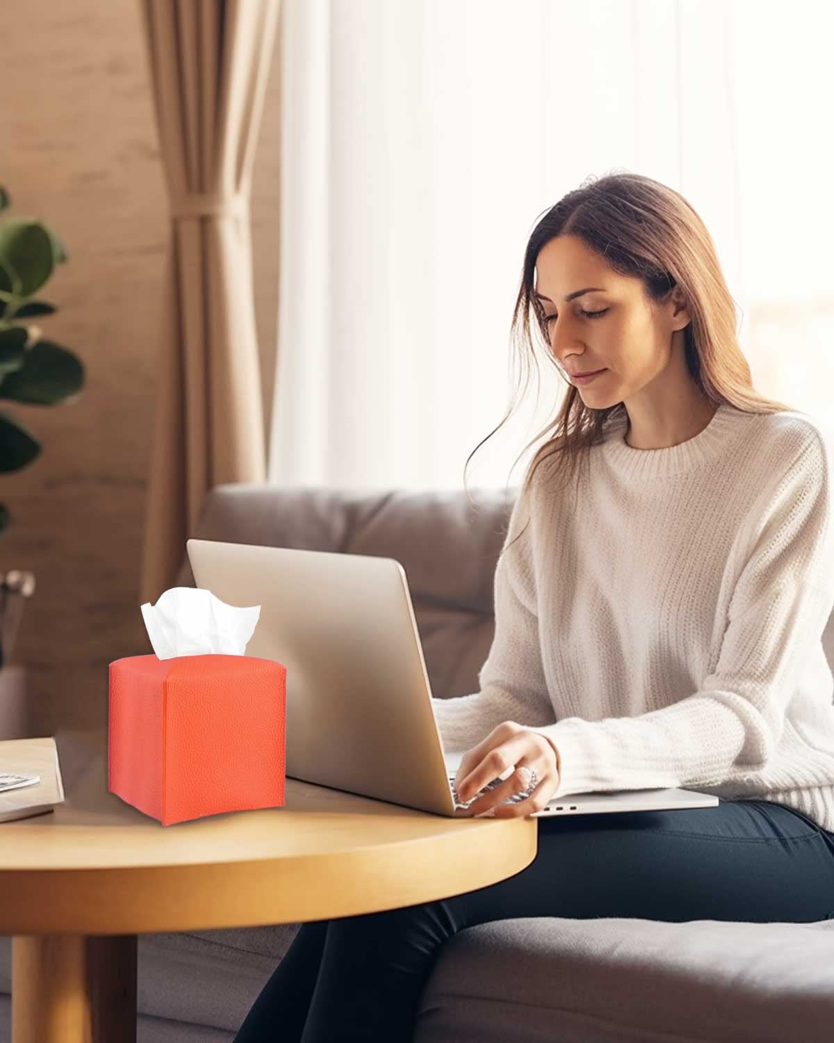 Orange Tissue Box Cover Square - Tissue Box Holder With Bottom Belt [Jesmini] Modern Pu Leather Tissue Holder For Home Fall Deco