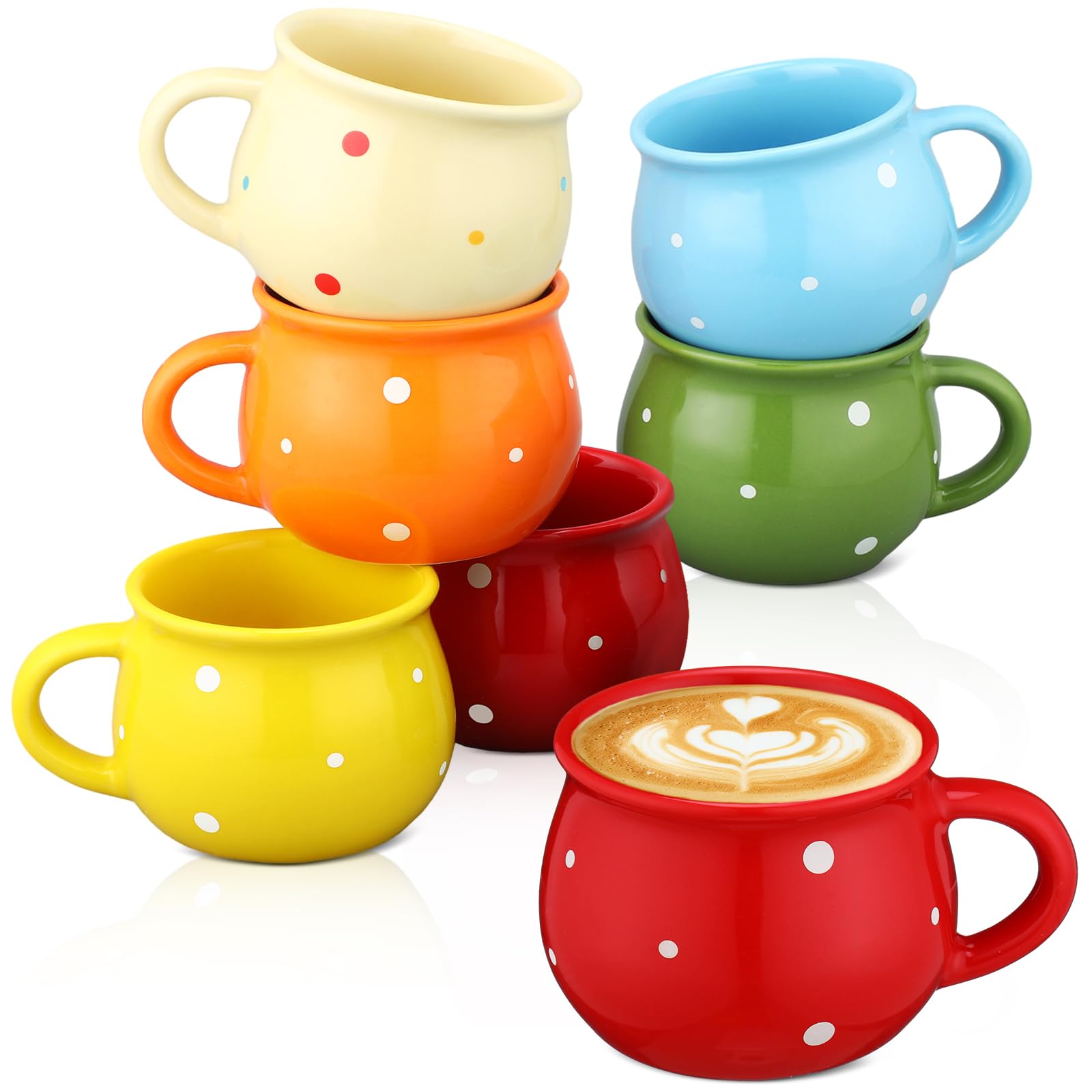 Sliner 6 Pcs Polka Dot Coffee Mugs 10 oz, Ceramic Flat Bottom Cups