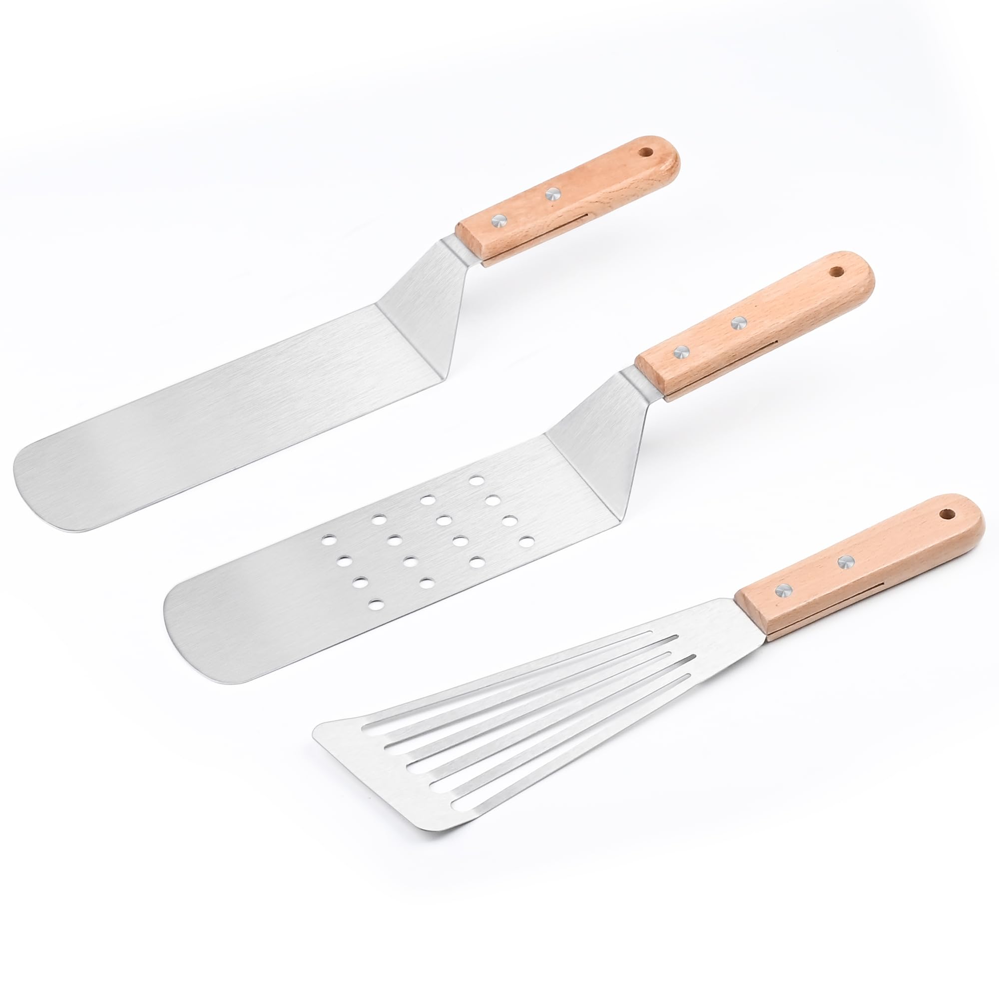 Griddle Spatula Set of 3, Stainless Steel Metal Spatulas for Flat Top Grill, BBQ Turner Set with Wooden Handles, Solid & Slotted