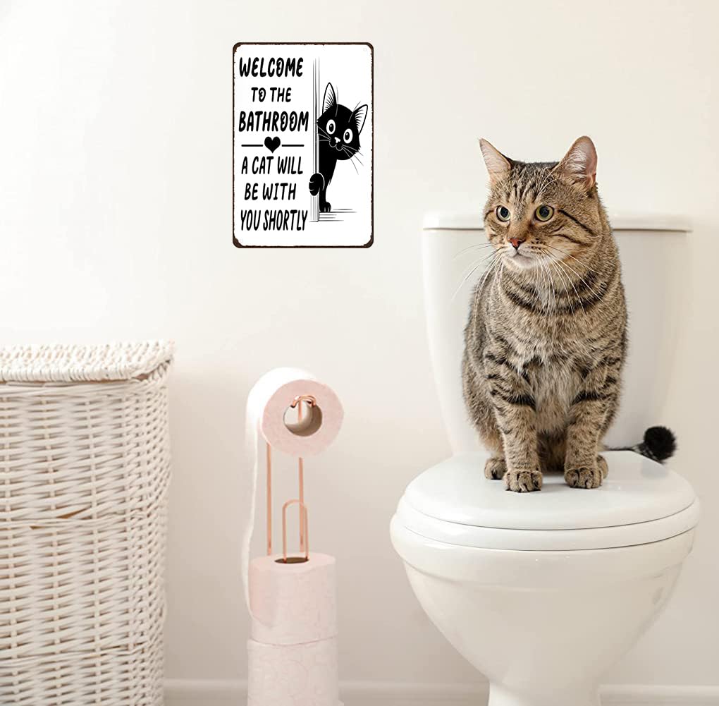 Funnysign Cat Lovers Gifts Welcome To The Bathroom A Cat Will Be with You Tin Sign for Bathroom Toilet Decor 8 X 12 Inch(3996)
