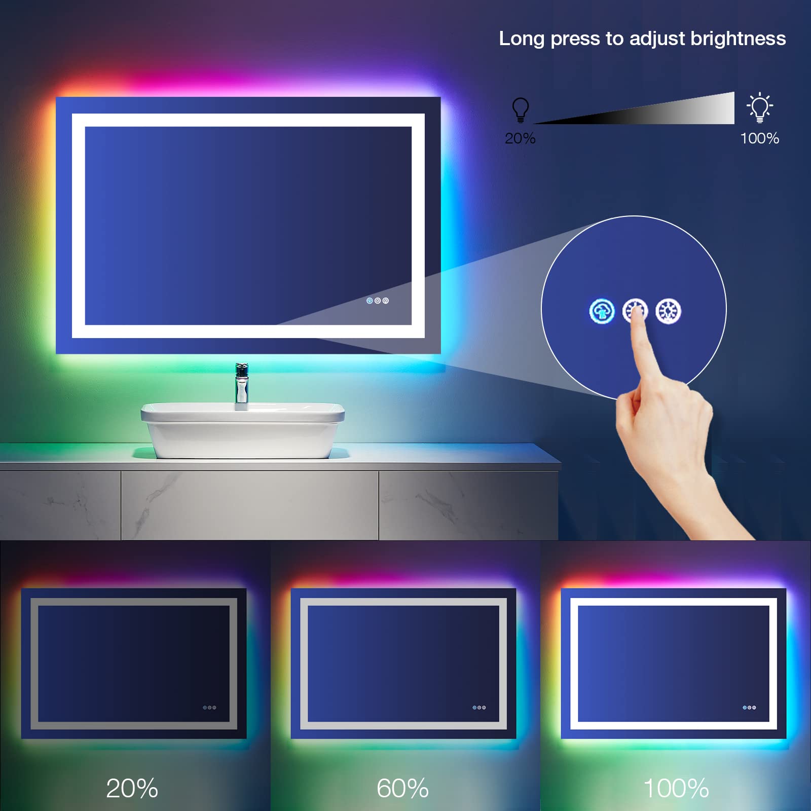 LOAAO 40''X24'' LED Bathroom Mirror with Lights  Anti-Fog  Dimmable  RGB Backlit + Front Lighted  Bathroom Vanity Mirror for Wall  Memory Function  Tempered Glass (Safe to Use)