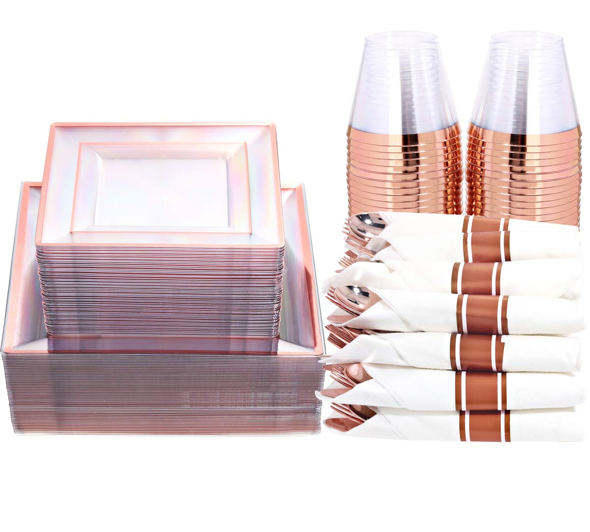 Wellife 350 Pcs Valentines Rose Gold Square Plastic Plates, Disposable Rose Gold Dinnerware Set, Includes: 50 Dinner Plates10.25