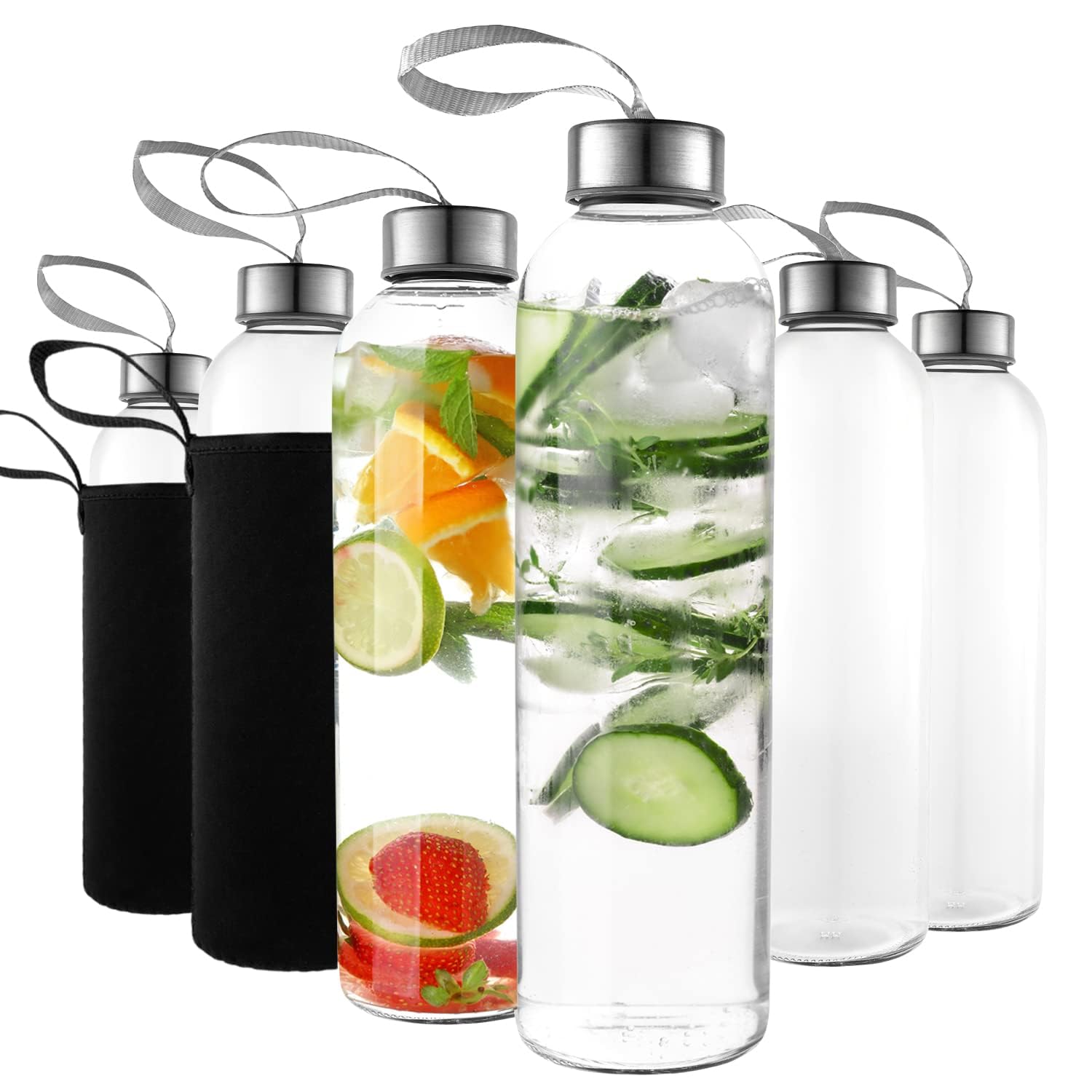 Kitchen Lux 16 oz Glass Water Bottles (Set of 6) w Nylon Protective Sleeves
