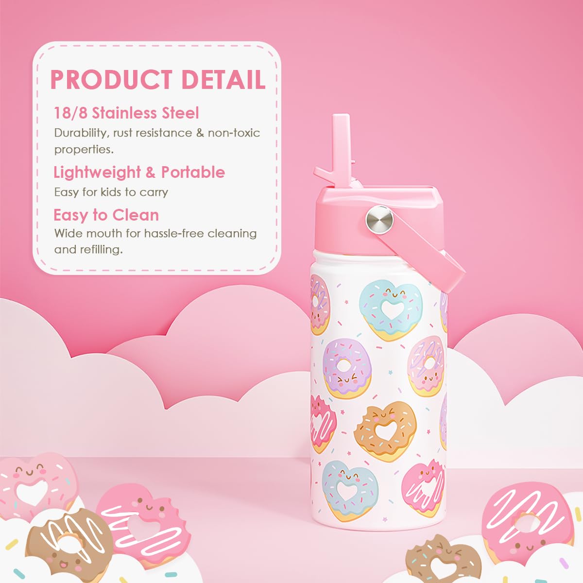Donut Kids Water Bottle With Straw Lid 12oz Insulated Stainless Steel, Sprinkle Travel Tumbler, Gifts for Girls, Birthday, Chris