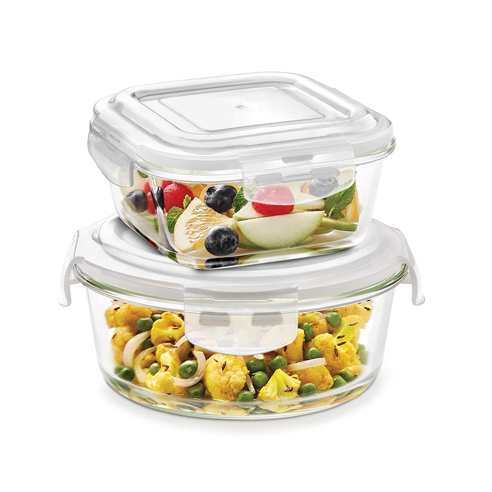 Borosil Klip N Store Glass Storage Containers For Kitchen With AirTight Lids, Microwave & Oven Safe, Set Of 2, 320 Ml Square & 