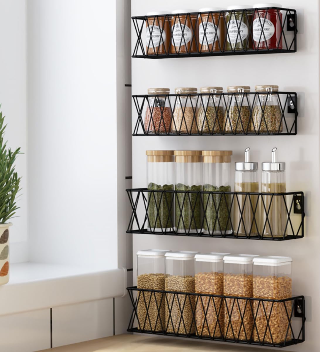 TOMIR Hanging Spice Rack Wall Mount 4 Pack, Seasoning Rack Spice Jar Organizer Adhesive Spice Shelf Easy to Install, Kitchen Org