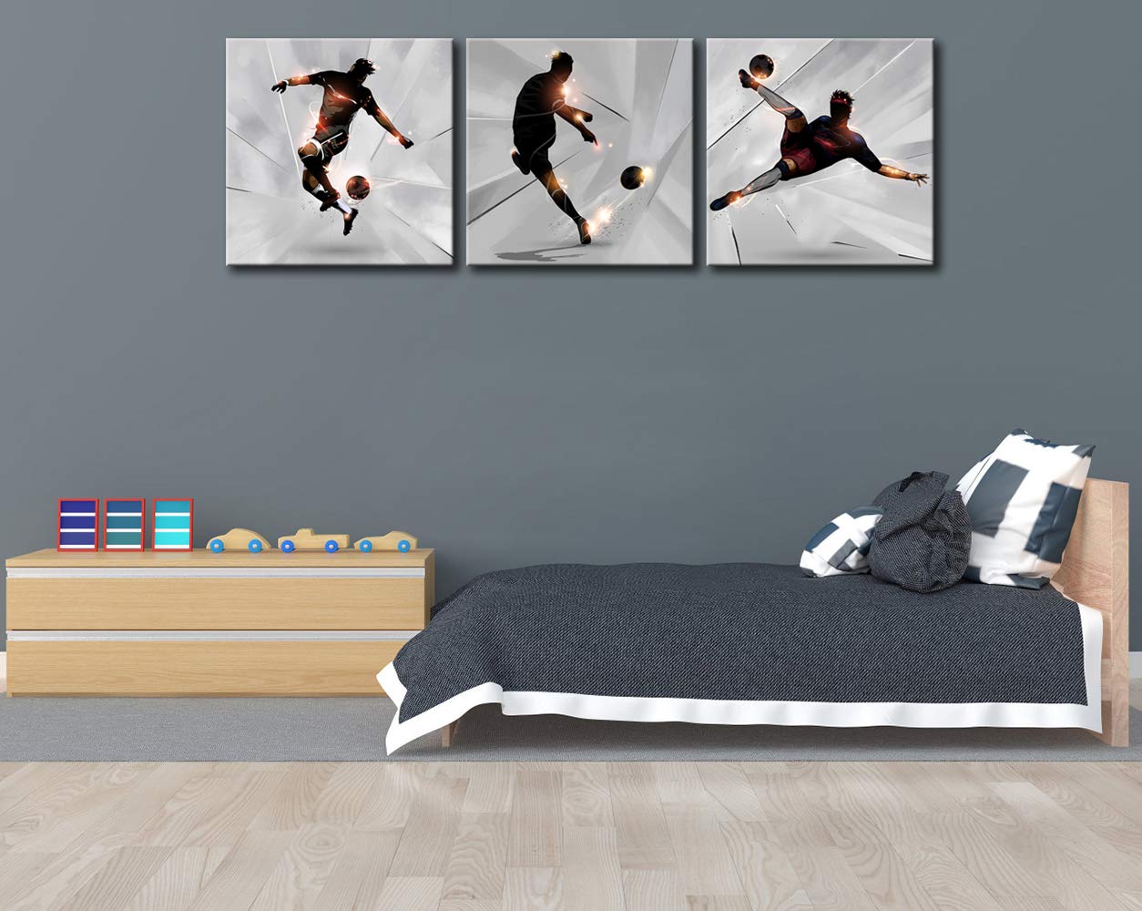 Klvos 3 Piece Soccer Wall Art For Teen Boys Abstract Sports Themed Picture Giclee Print On Canvas Kids Room Decor Football Art G