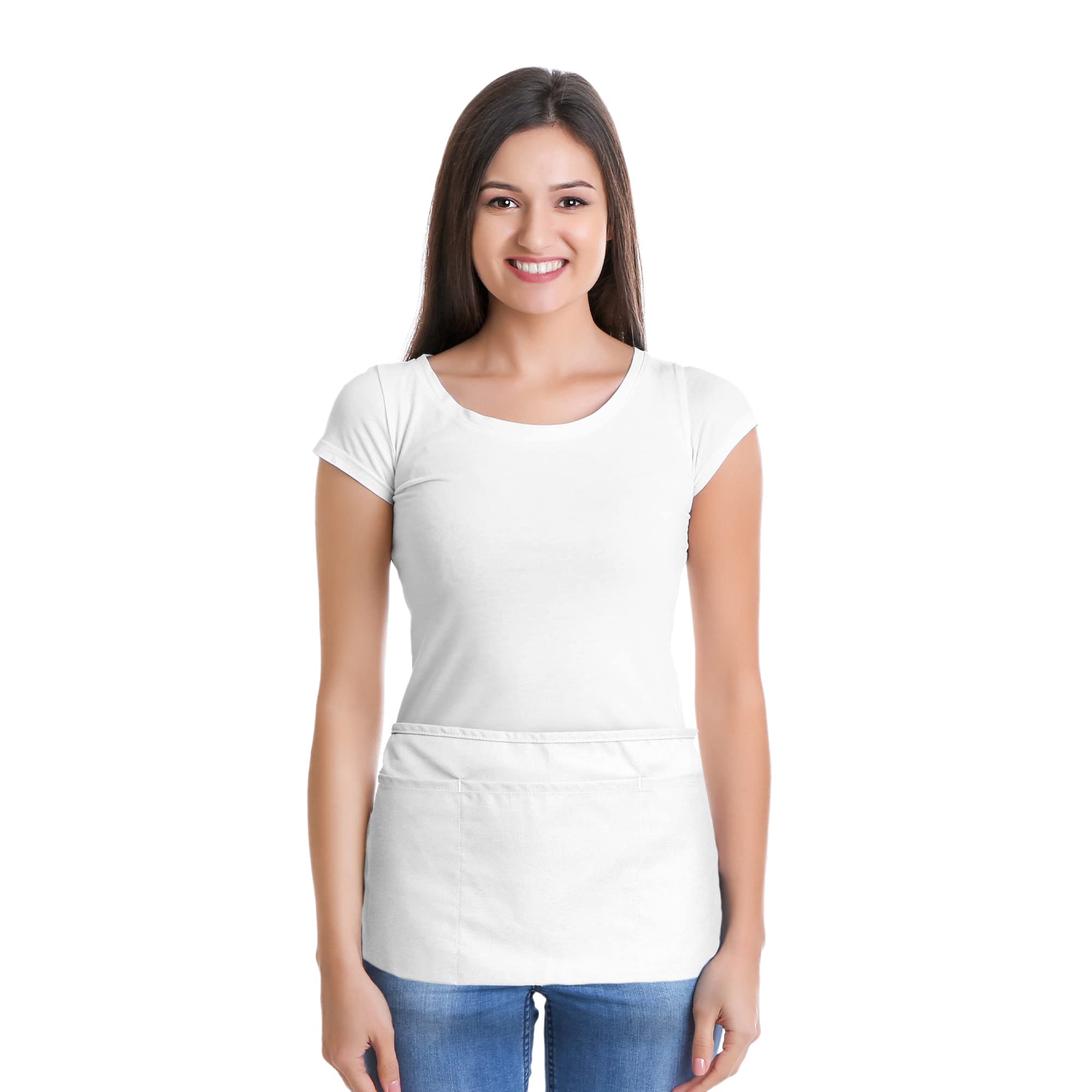Dalix Waist Aprons Commercial Restaurant Home Bib Spun Poly Cotton Kitchen (3 Pockets) In White