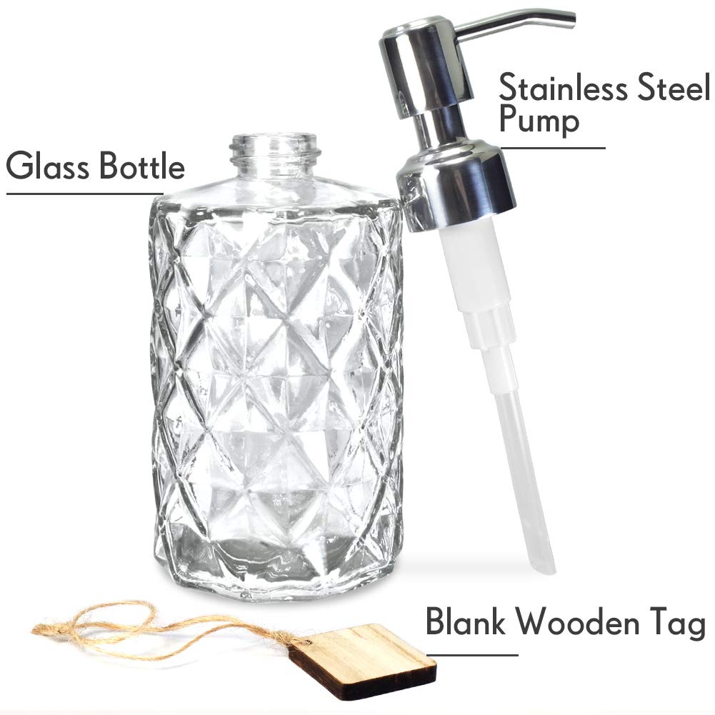 Jasai Diamond Design Glass Soap Dispenser With Pump 304 Stainless Steel Bathroom Soap Dispenser For Hand Soap, Soap, Lotion (Tra