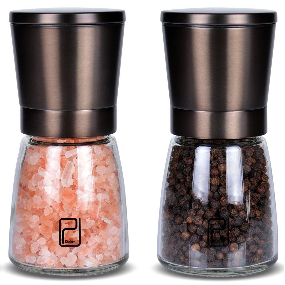 Premium Black Stainless Steel Salt And Pepper Grinder Set With Stand In Bamboo Wood - Gunmetal Salt And Pepper Shakers With Adju