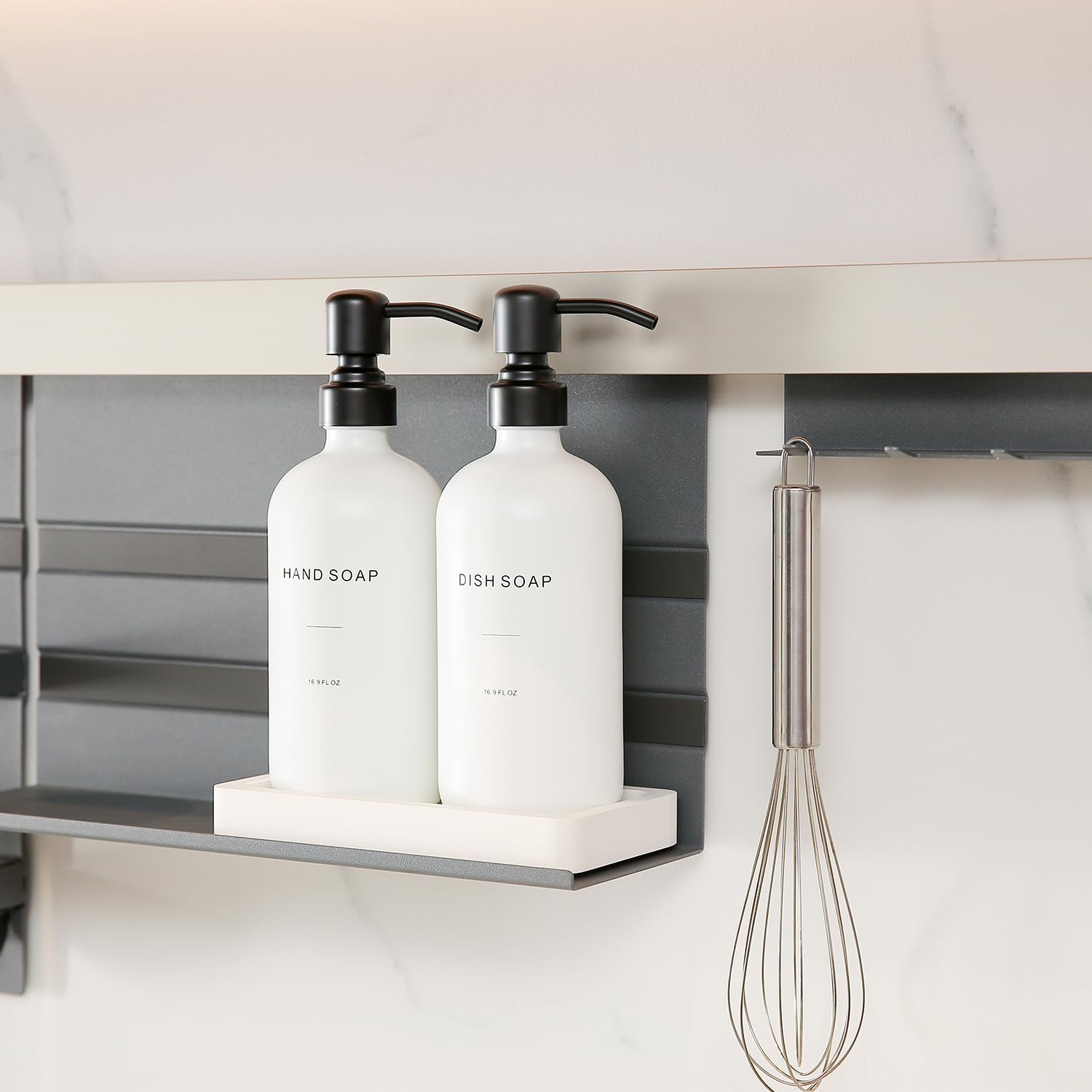 Prus Waso Kitchen Soap Dispenser Set, Contains Dish Soap Dispenser And Hand Soap Dispenser. White Soap Dispenser With Black Stai