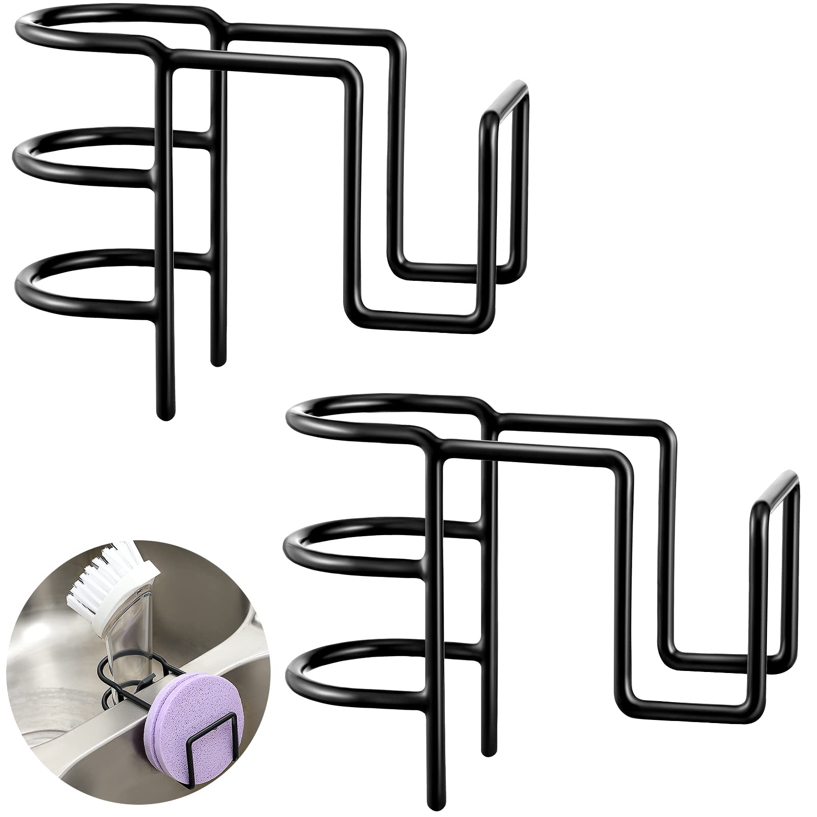 Blulu 2 Pieces 2-in-1 Sink Sponge Holder Stainless Steel Dish Wand Brush Holder No Drilling Kitchen Rustproof Sink Caddy Organiz