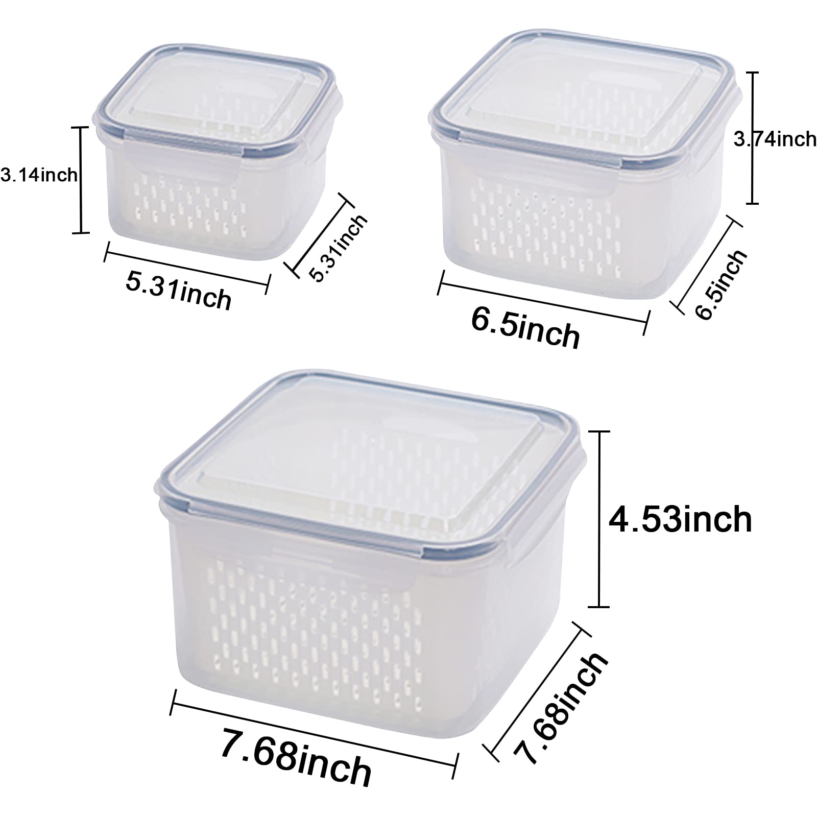Ronanemon 3Pack Fridge Food Storage Container Set With Lids With Strainer, Fruit Vegetable Storage Containers Keep Fruits, Veget