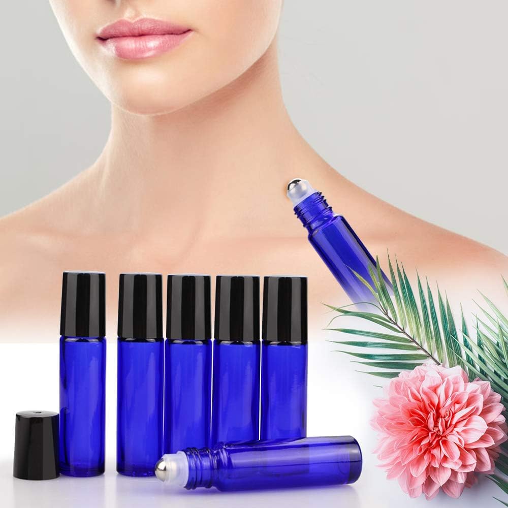 sungwoo 12 Pack Essential Oil Roller Bottles  10ml Blue Glass Roller Bottles with Stainless Steel Roller Balls and Caps for Travel  Perfume and Lip Gloss
