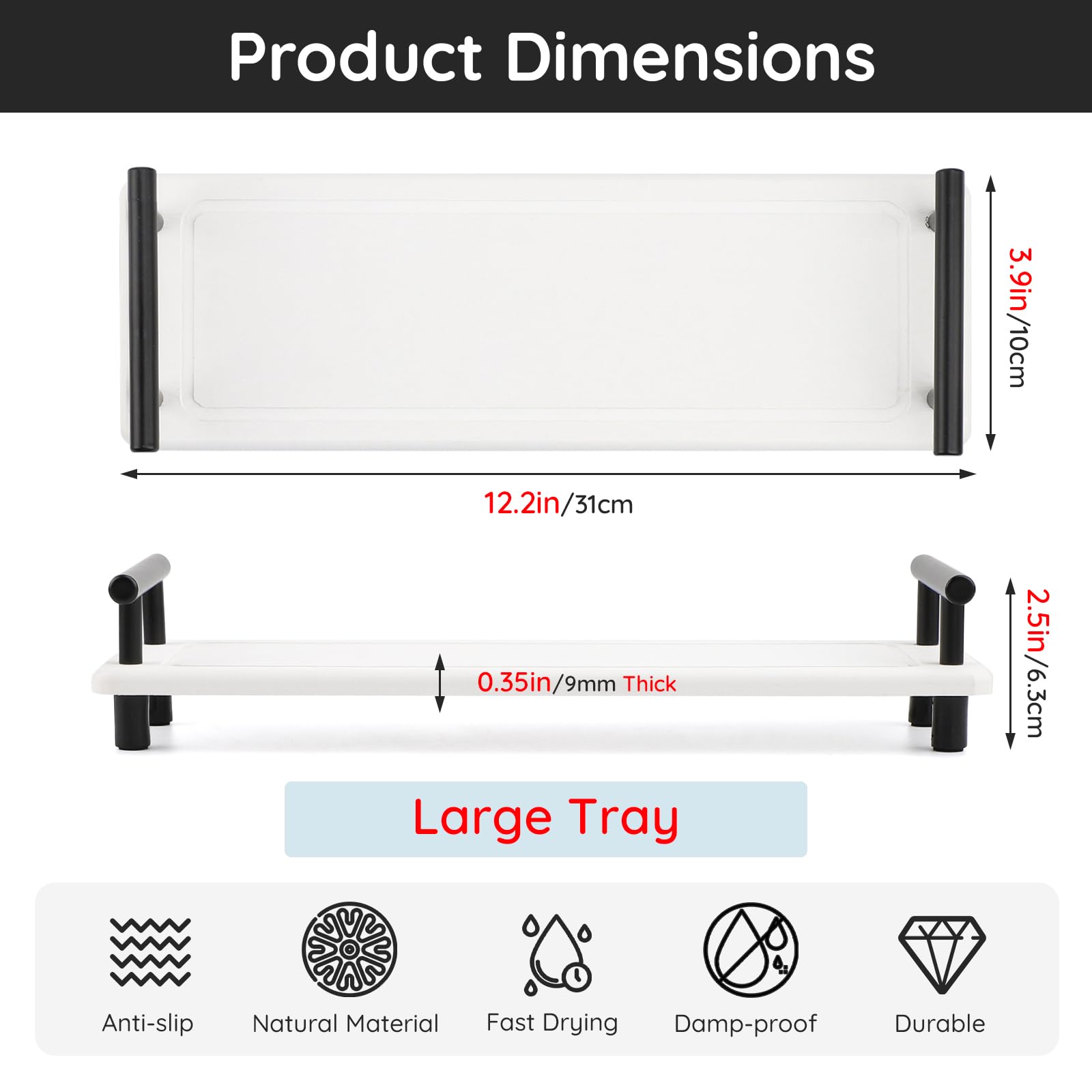 Segbeauty 12X4In Bathroom Tray, Absorbing Quick Dry Stone Drying Tray With Handle, Diatomaceous Sink Caddy Tray Vanity Tray Sink
