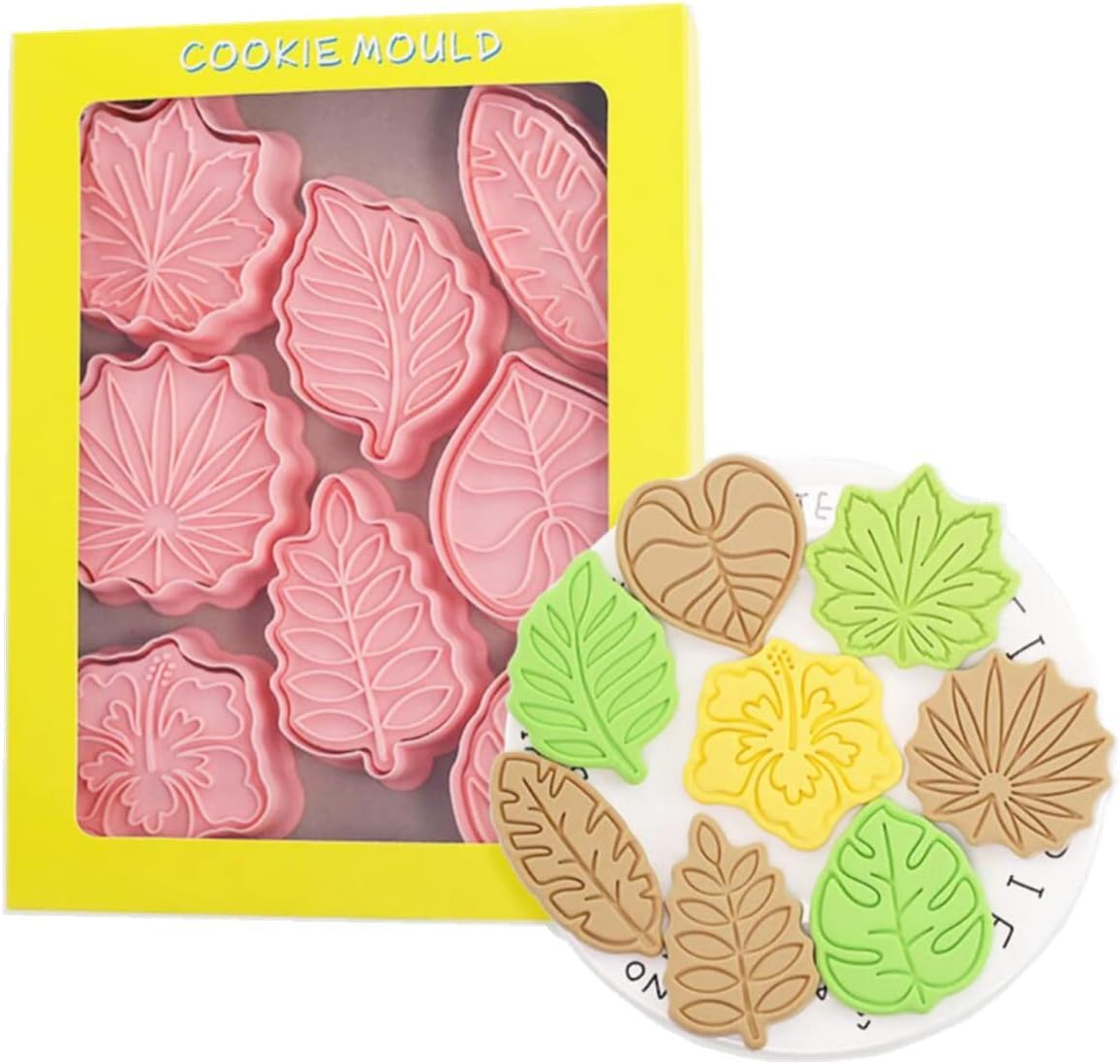 Skytail 8pc Tropical Leaves Cookie Cutter Set 3D Leaves Fondant Dough Cutters for Baking Biscuits Cookie Stamps Chocolate Fondan