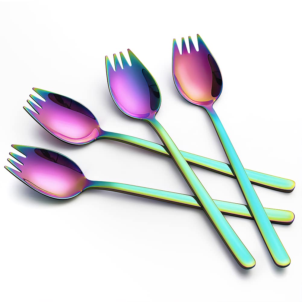 Yfwood Sporks, 4-Pack 18/10 Stainless Steel Sporks 7.4 Inches Long Handle Dessert Spoons Ice Cream Spoons Salad Forks Flatware S