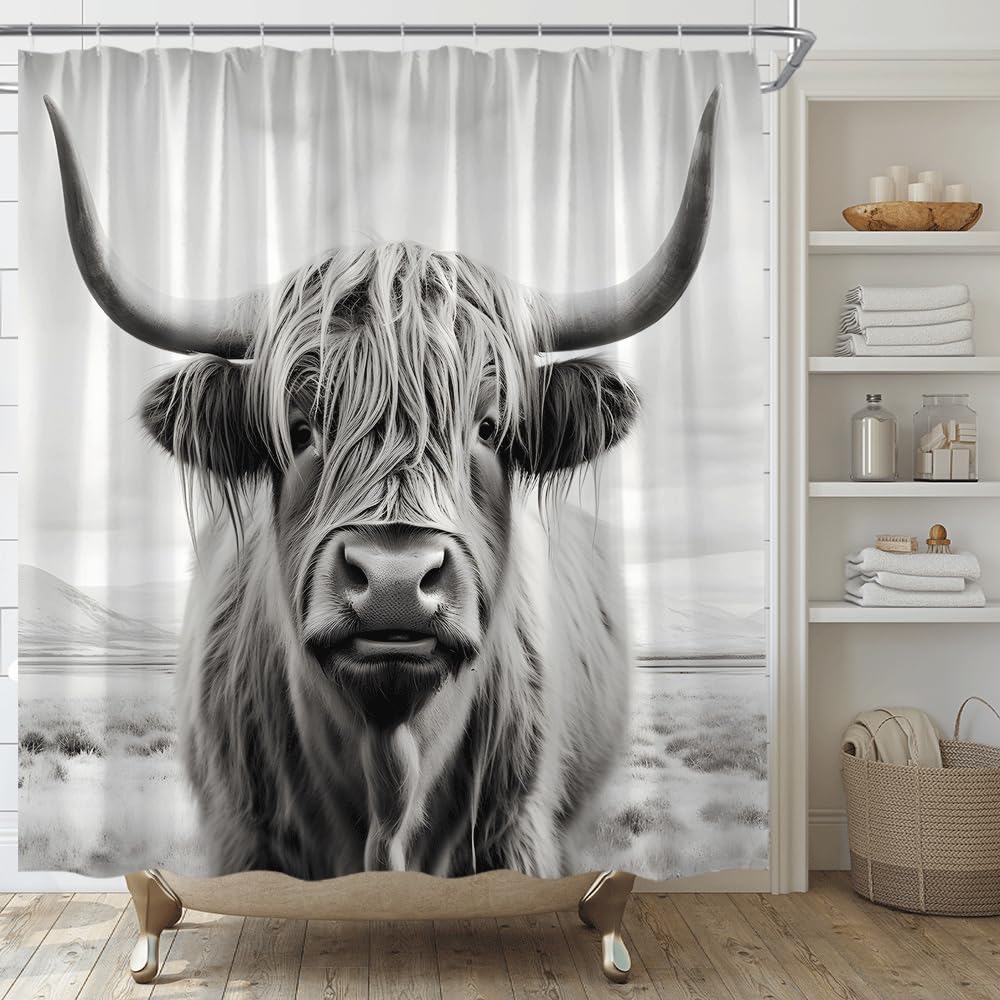 Ysatnsft Highland Cow Shower Curtain Rustic Bull Farmhouse Animals Cattle Daisy Country Western Fabric Bathroom Decor Set With H