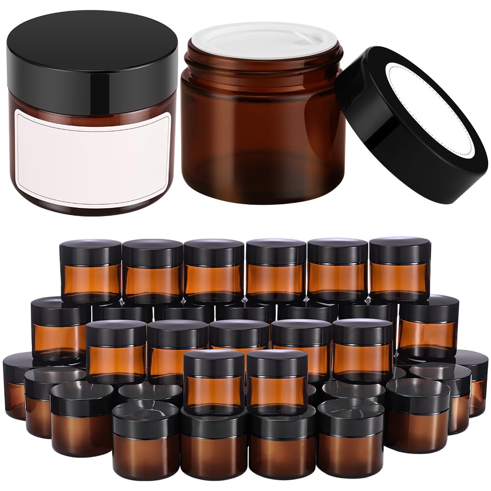 2 Oz Small Glass Jars With Lids, Bumobum 48 Pack Round Amber Glass Candle Jars With Black Lids, White Labels & Inner Liners, Emp