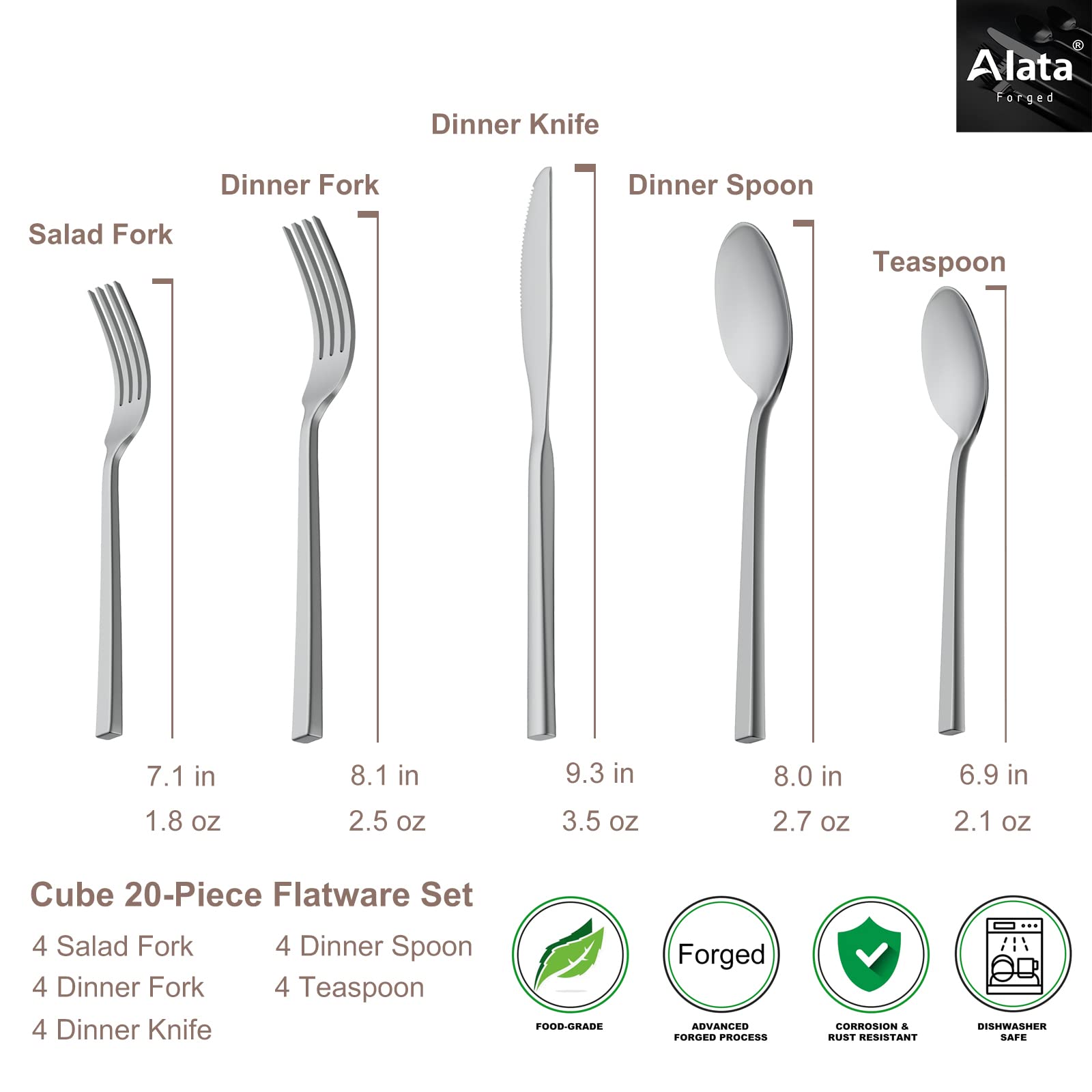Alata Cube 20-Piece Forged Stainless Steel Flatware Set Cutlery Set,Silverware Set Service For 4,Mirror Finish,Dishwasher Safe