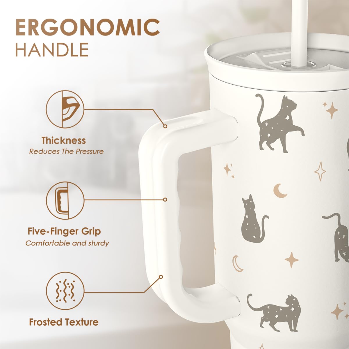 Gift for Cat Lovers Cat Mom - 40oz Stainless Steel Tumbler with Handle and Straw - Travel Coffee Mug for Women, Gift for Birthda