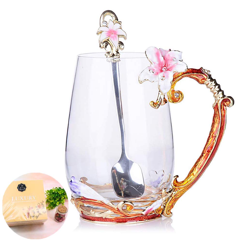 Tea Cup, Mothers Day Gifts, Coffee Mug Cups, Lily Flower Glass Tea Cup, Unique Personalized Birthday Present Ideas for Women Gra