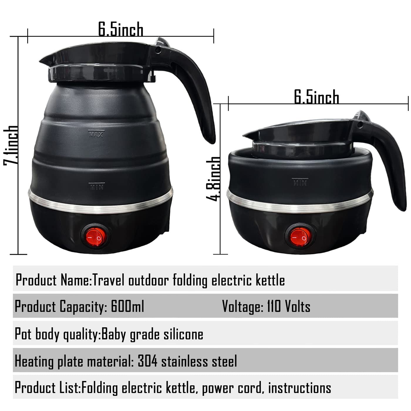 VANZO Foldable Electric Travel Kettle - Portable and Convenient Silicone Collapsible Water Boiler and Tea Pot for Camping - Easy Storage with Detachable Power Cord (Black)   (WHH-649)