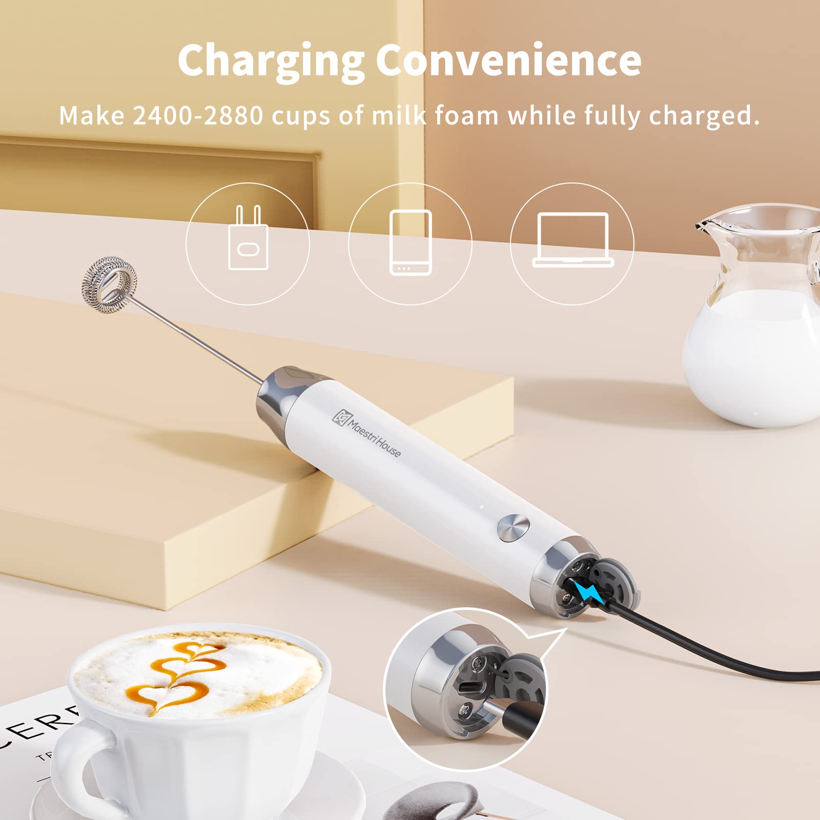 Maestri House Rechargeable Milk Frother With 3 Heads, Handheld Electric Foam Maker Waterproof Detachable Stainless Steel Whisk D