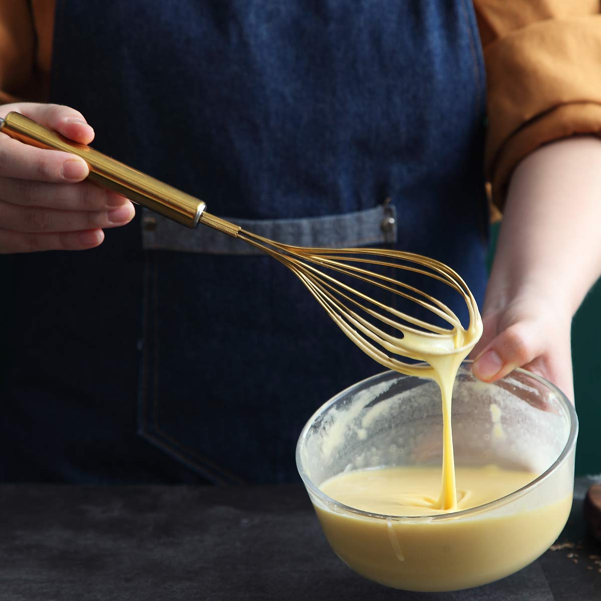 Berglander Gold Whisk Pack Of 3 Stainless Steel 8'',10'',12'', Titianium Plating Gold Whisks For Cooking, Beater,Wire Whisk Set