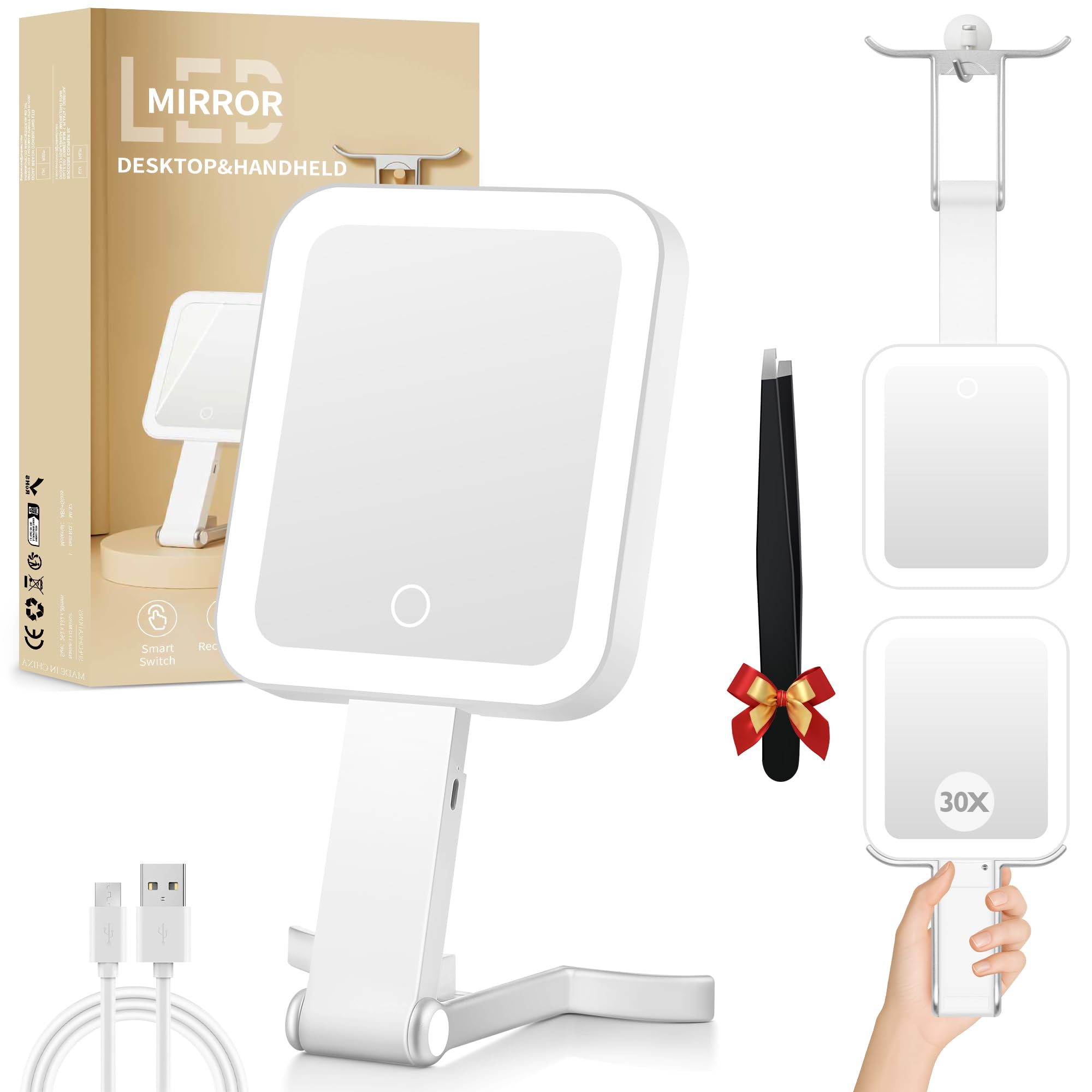 Gomipuru Magnifying Travel Mirror With Light, 30X/1X Double-Sided Magnifying Mirror With 3 Color Lights, Brightness Adjustable,