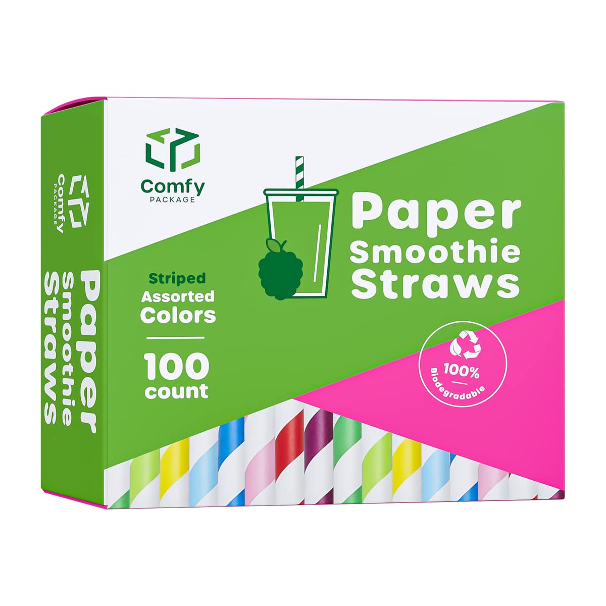 Comfy Package [100 Pack] 10 Mm Jumbo Striped Paper Smoothie Straws, 100% Biodegradable Paper Boba Straws, Disposable Milkshake S