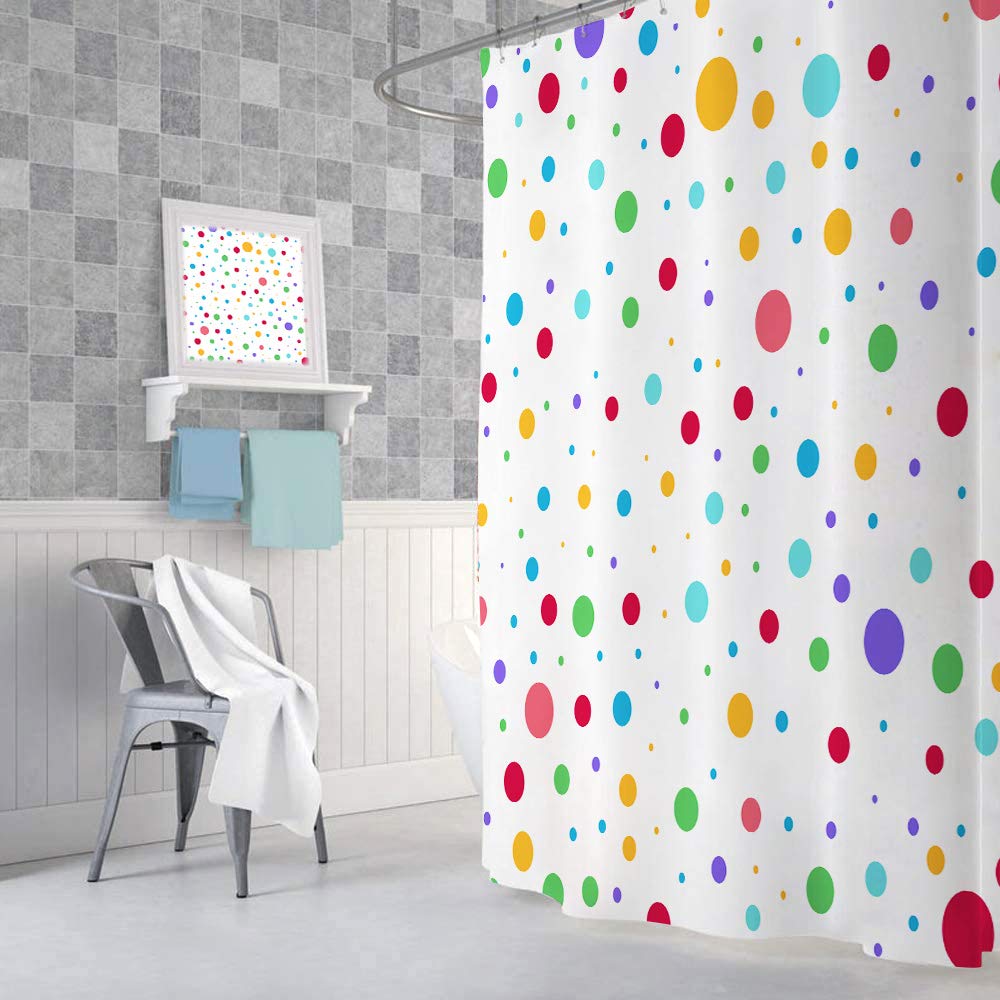 Kids Rainbow Shower Curtain For Bathroom, Colorful Geometric Cute Polka Dot Fabric Shower Curtains Set, White Modern Restroom De
