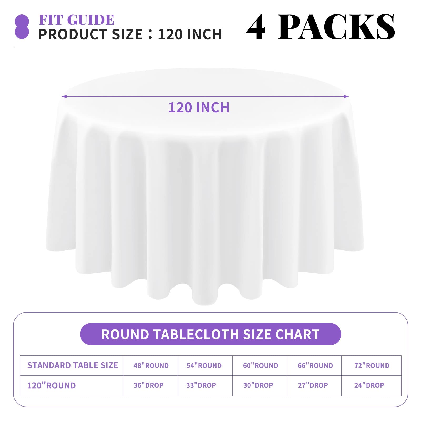 Teruntrue 4 Packs 120 Inches Round Tablecloths White Polyester Round Table Cloth Wrinkle Resistant Washable Table Cloths Fabric