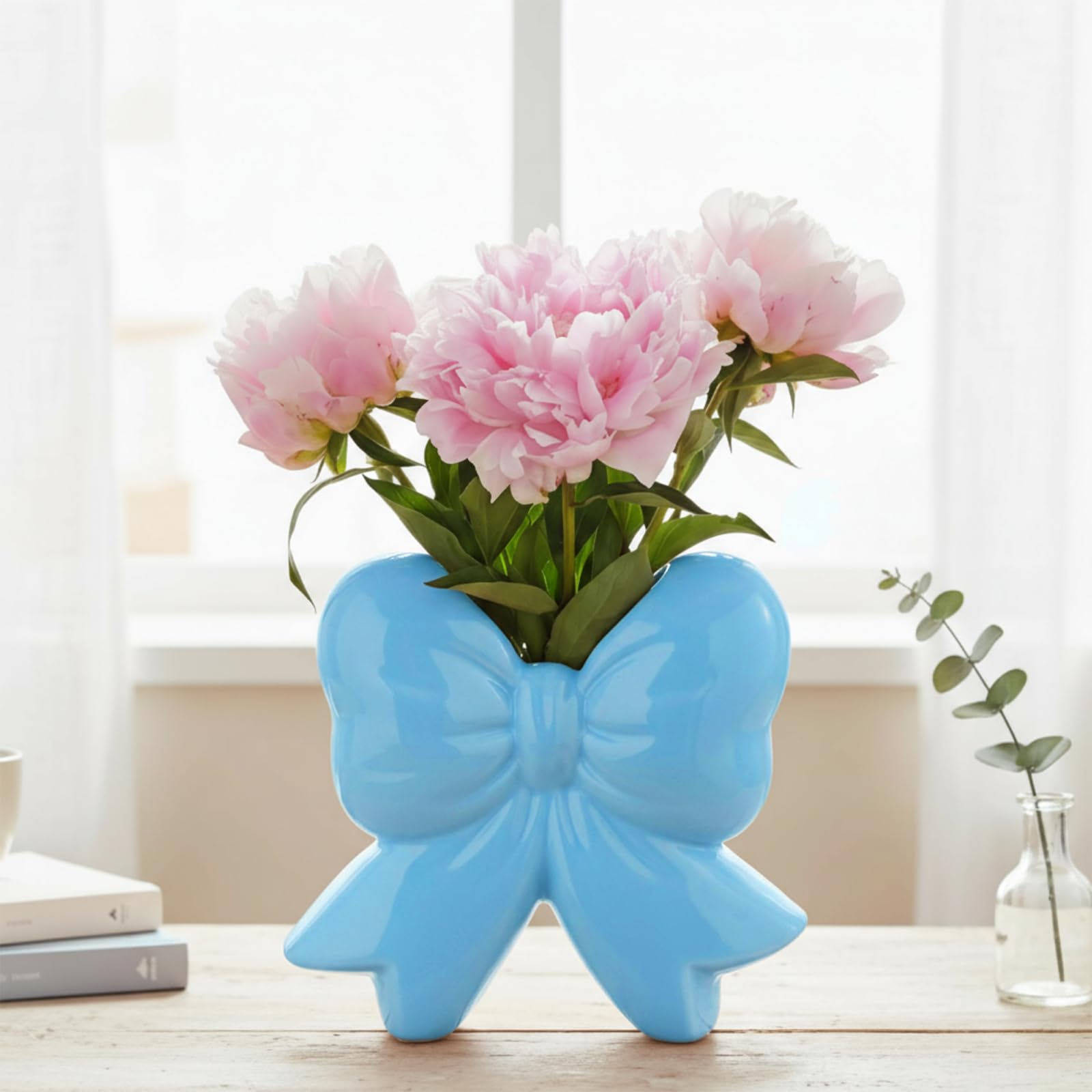 Jingmore Bow Vase Coquette Ceramic Vase Blue Pen Holder Makeup Brush Holder Contemporary Design Decorative Women Gift for Christ
