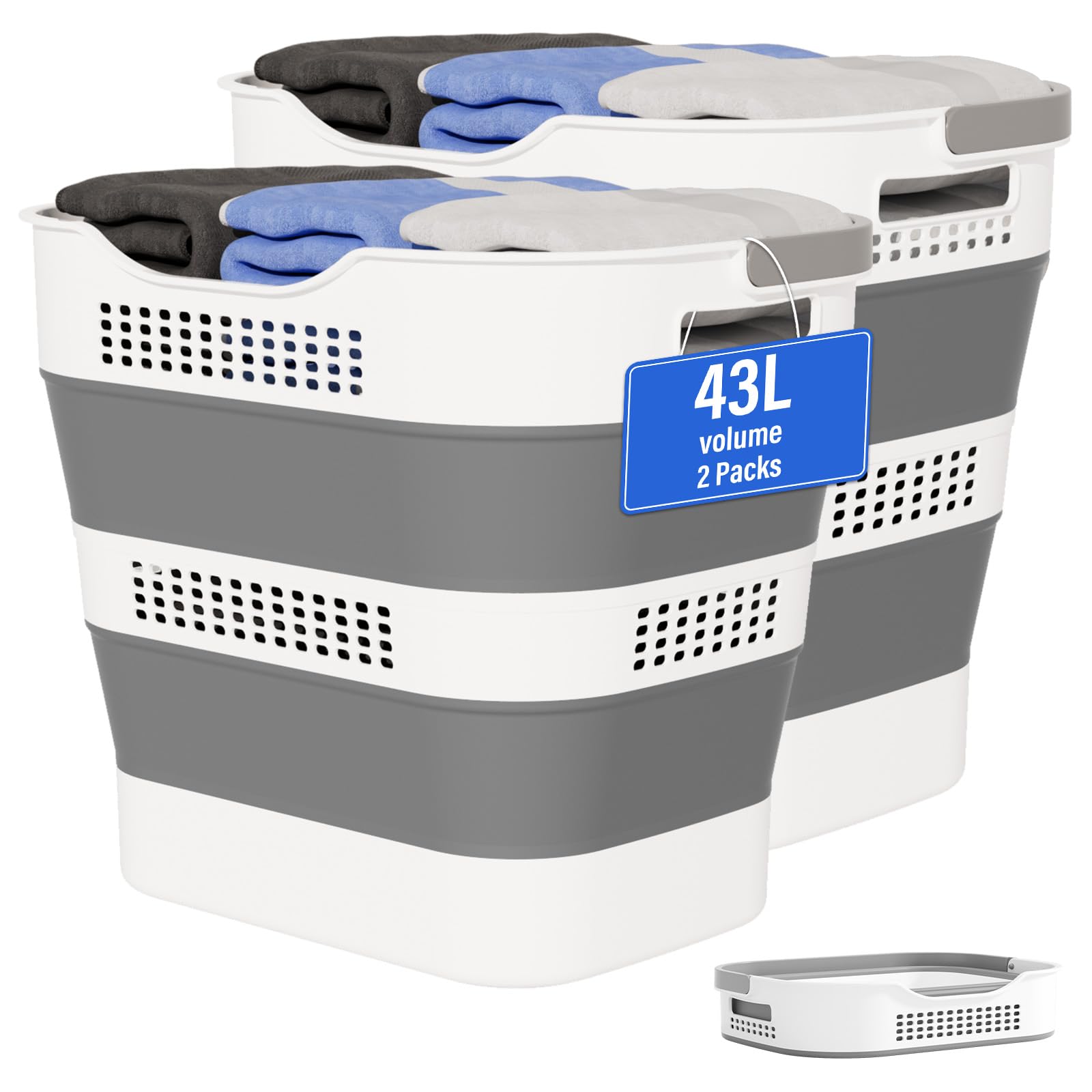 43L+43L Collapsible Laundry Baskets Plastic, Pop Up Laundry Hamper/Storage Container, Foldable Laundry Basket With Handles, Dura