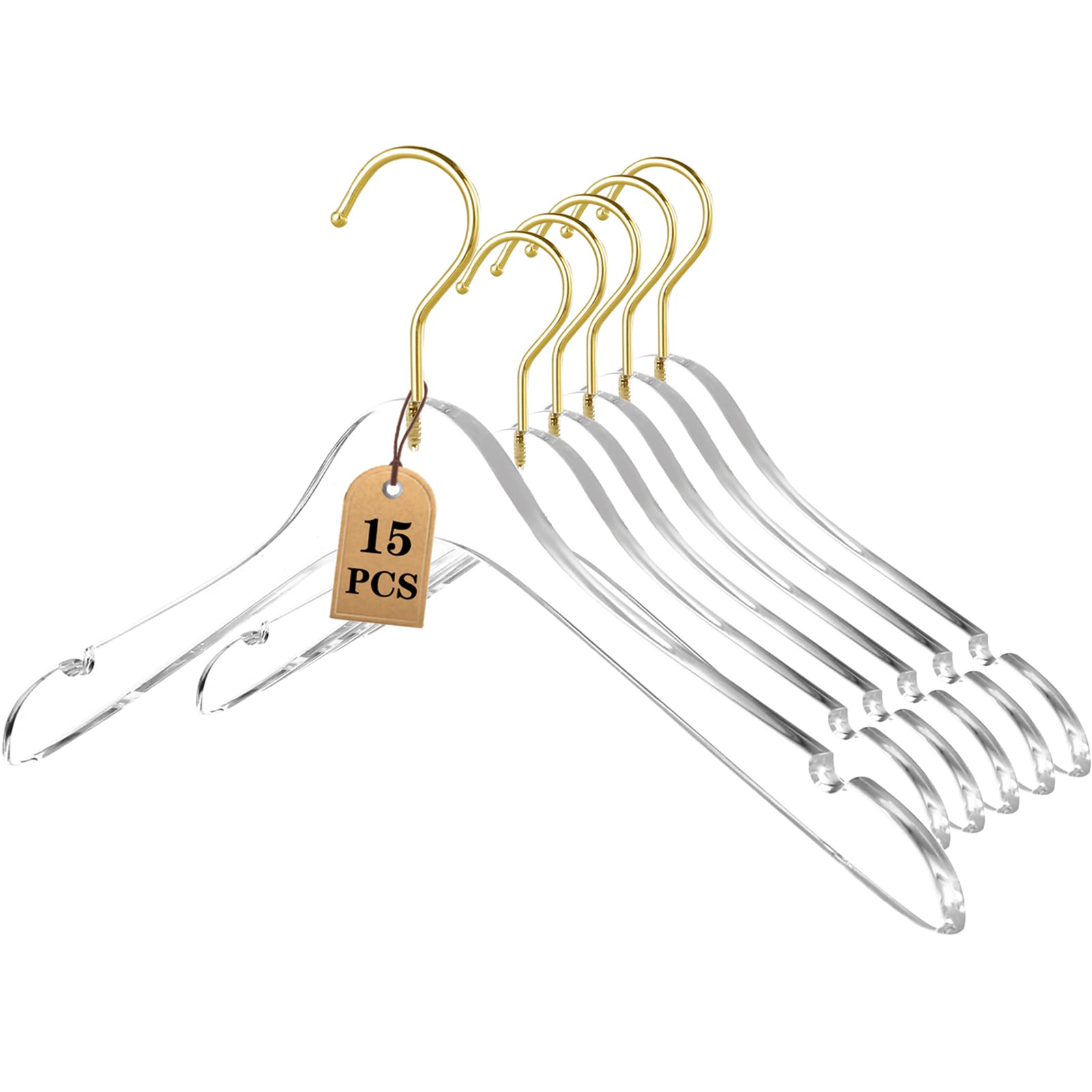Besser 15 Pack Acrylic Hangers With Gold,Acrylic Clear Hangers,Premium Crystal Dress Hangers Swivel Gold Hook Luxurious Shiny Cl