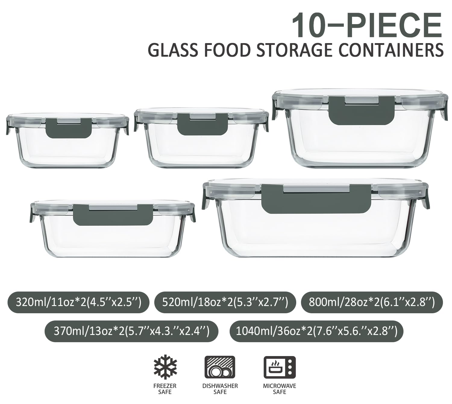 M MCIRCO 10-Pack Glass Food Storage Container with Lids  Airtight Glass Lunch Bento Boxes  Leak Proof Glass Meal Prep Container Microwave  Oven  Freezer and Dishwasher Friendly