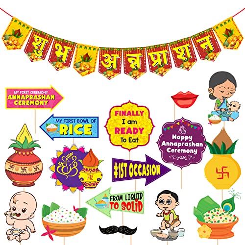 Zyozique Annaprasanam Photo Booth Props With Annaprasanam Paper Banner Hindi Font Shubh Annaprashan Yellow & Red Color Font/Rice