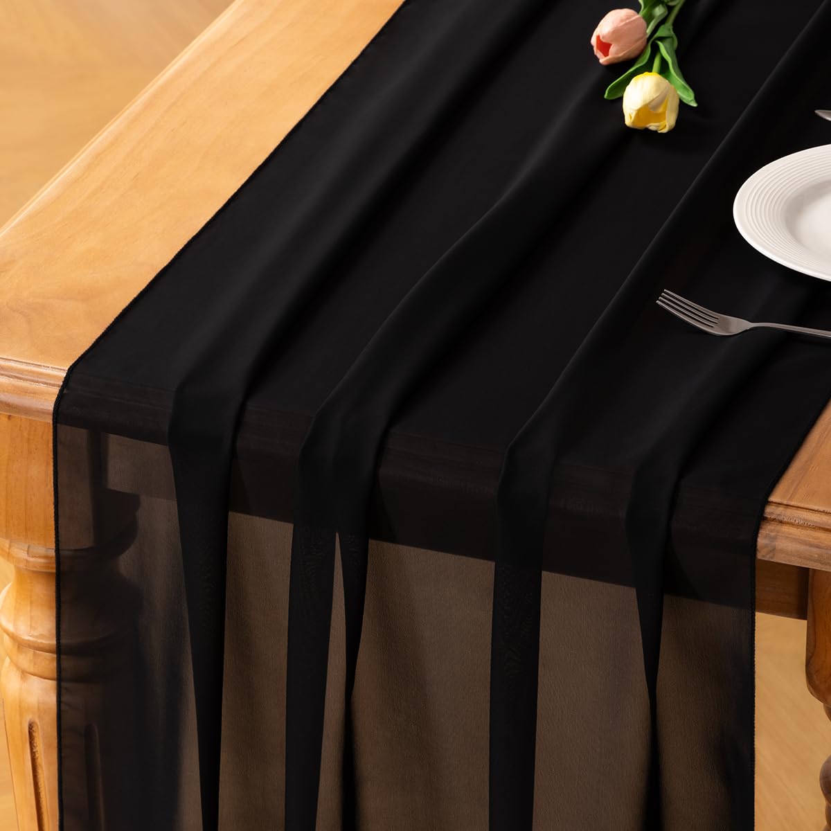 Socomi Black Halloween Chiffon Table Runner Fall Thanksgiving Boho Rustic 14ft 29x170 Inches Wedding Runner Sheer Romantic Brida