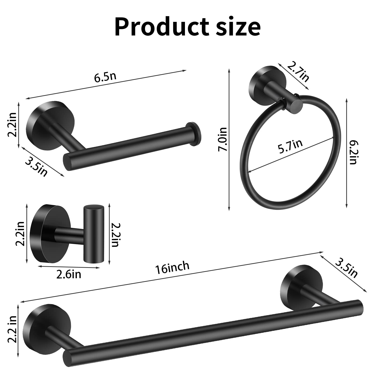 Hinmood Bathroom Hardware Set Black 10 Pieces, Towel Bar Set Matte Black Stainless Steel Towel Rack Set Includes 2Pcs 16 ' ' Tow