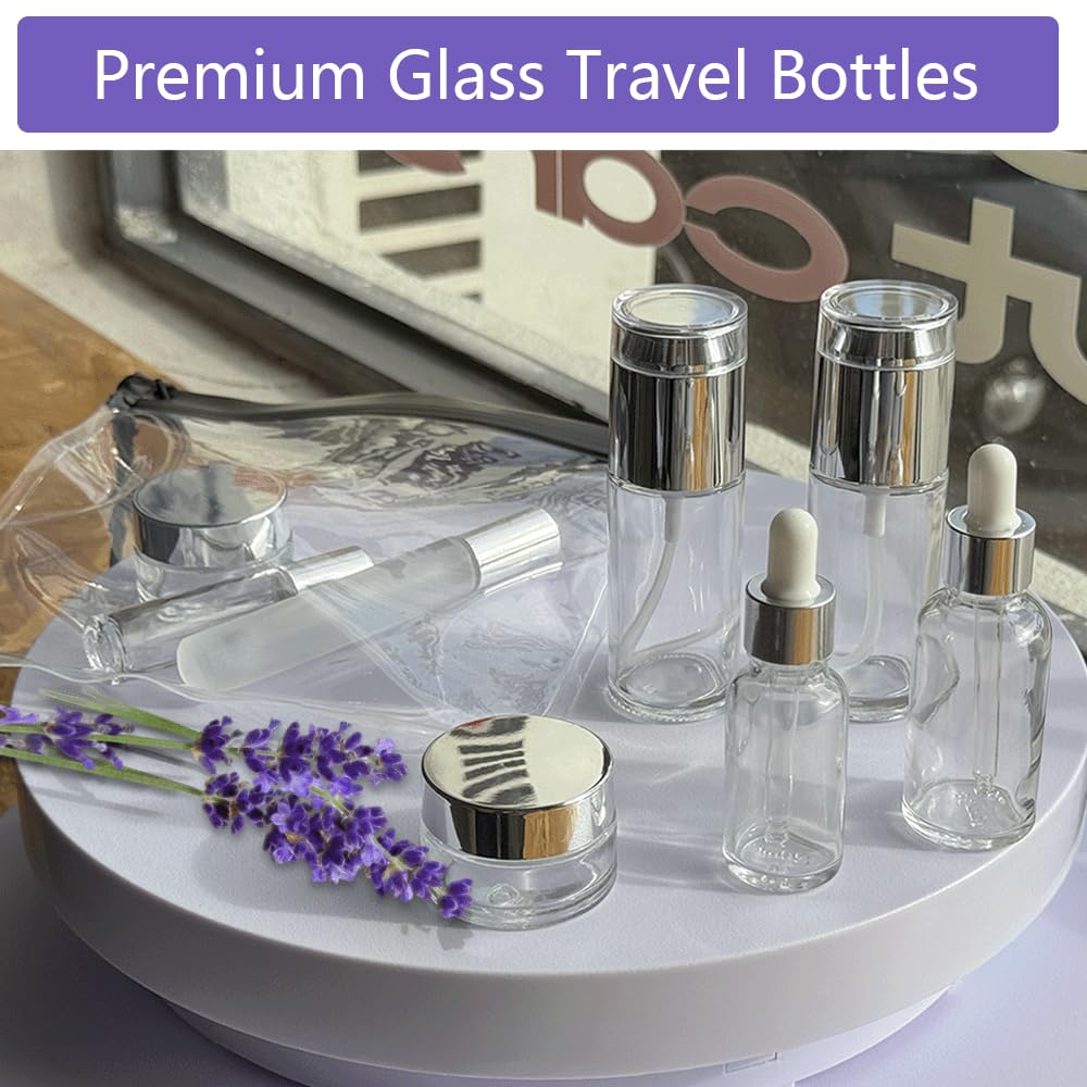 15Pack Glass Travel Bottles For Toiletries, Tsa Approved Travel Skincare Containers 1.35/0.7/1 Oz Silver Mini Travel Bottles Wit