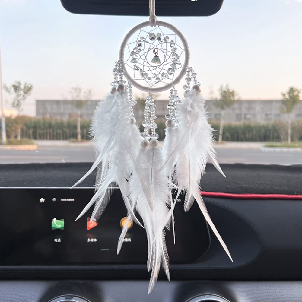 Malicosmile Car Dream Catcher for Rearview Mirror Accessories, Small White Dream Catchers for Car Hanging Ornament for Room Deco