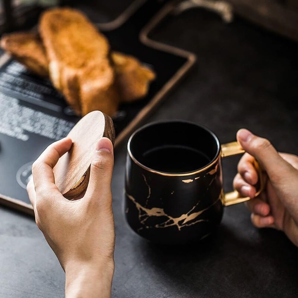 Eplze Ybk Tech Porcelain Tea Cup Coffee Mug Set For Afternoon Tea - Marble Pattern (Black, Tall 400Ml + Wood Lid)