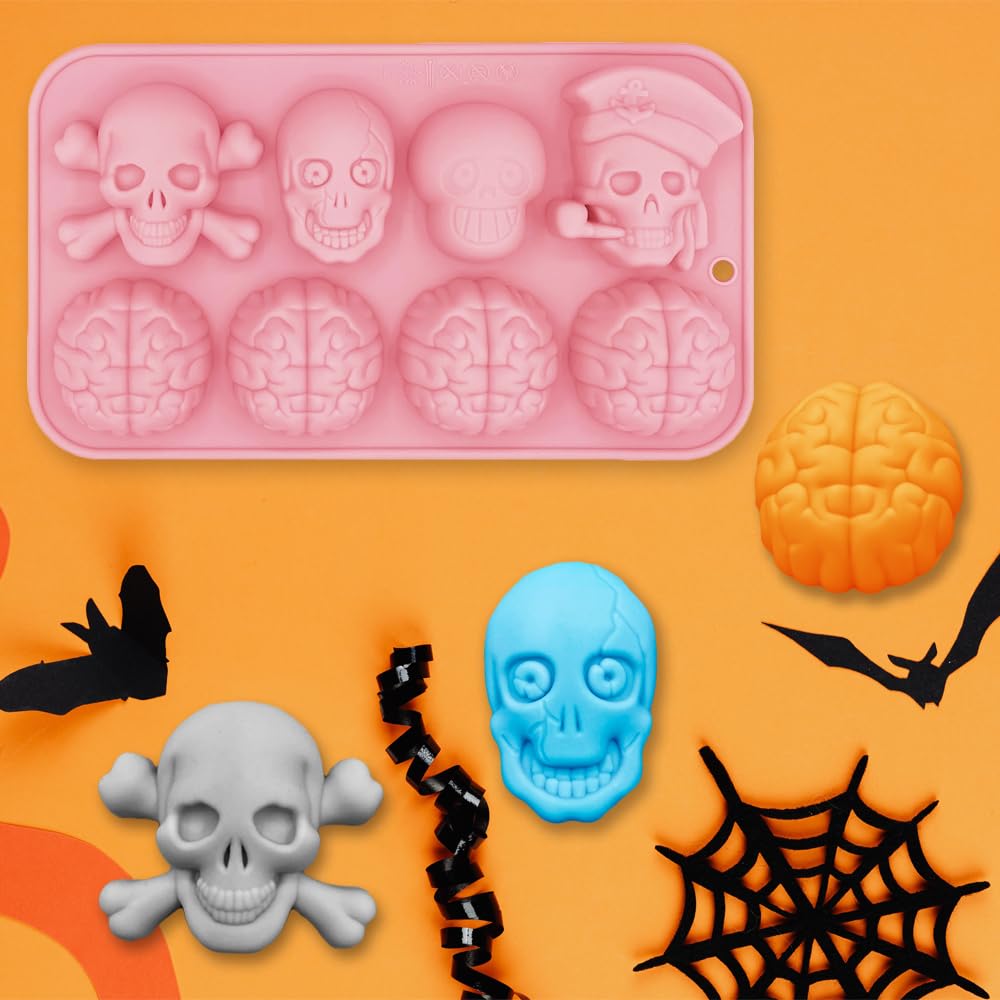 2 Pack Halloween Chocolate Molds 3D Skull And Brain Halloween Themed Baking Mould Tray Diy Baking Tool For Chocolate Cake Desser