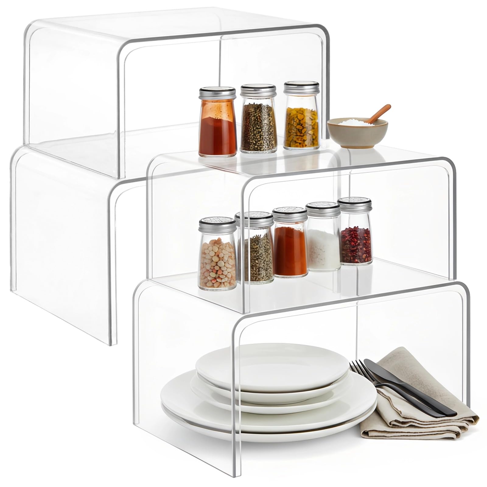 DORMIYA 4 Pcs Clear Spice Rack Shelves, Pantry Organizers and Storage Set, Display Shelf Organizer, Stackable Desktop Organizer 