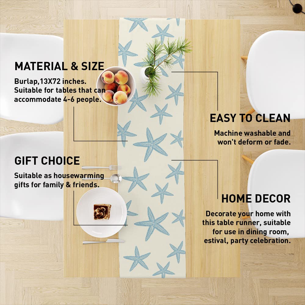 Blue Starfish Table Runner,Nautical Beach Table Runner Decor For Dinning Room Kitchen Ocean Sea Table Runner Decorations For Hol